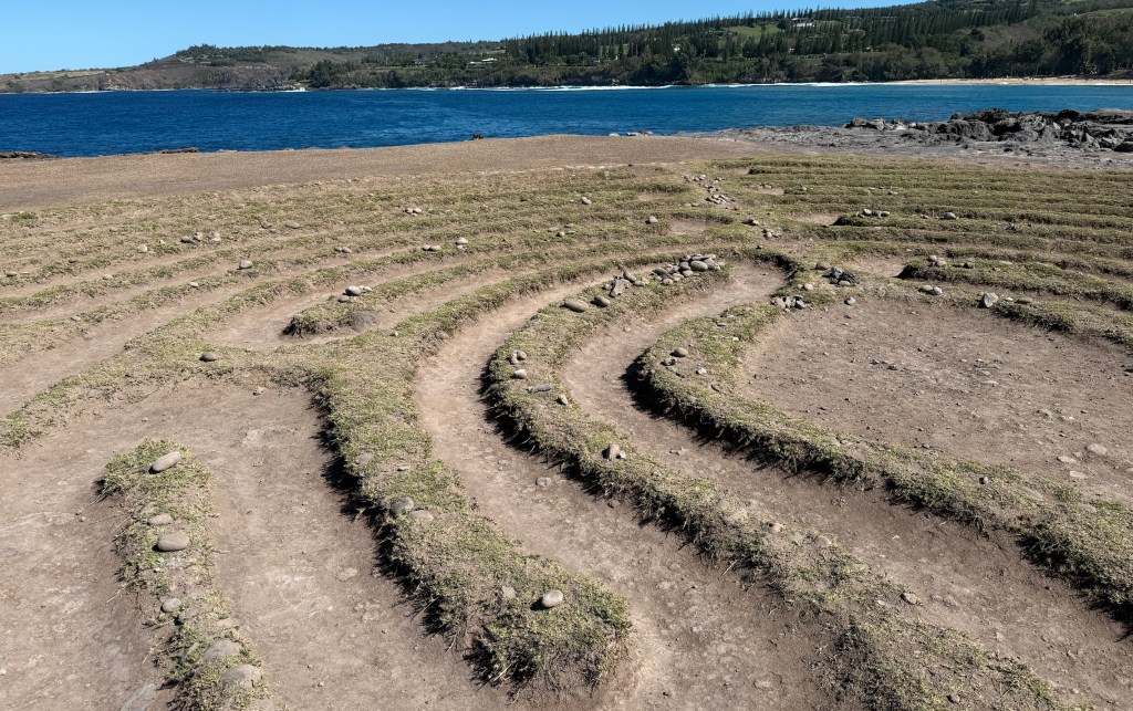 Photograph of a rocky labyrinth overlooking the ocean and shore line